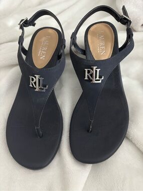 Annie Navy Thong Sandals with Silver Logo Accent